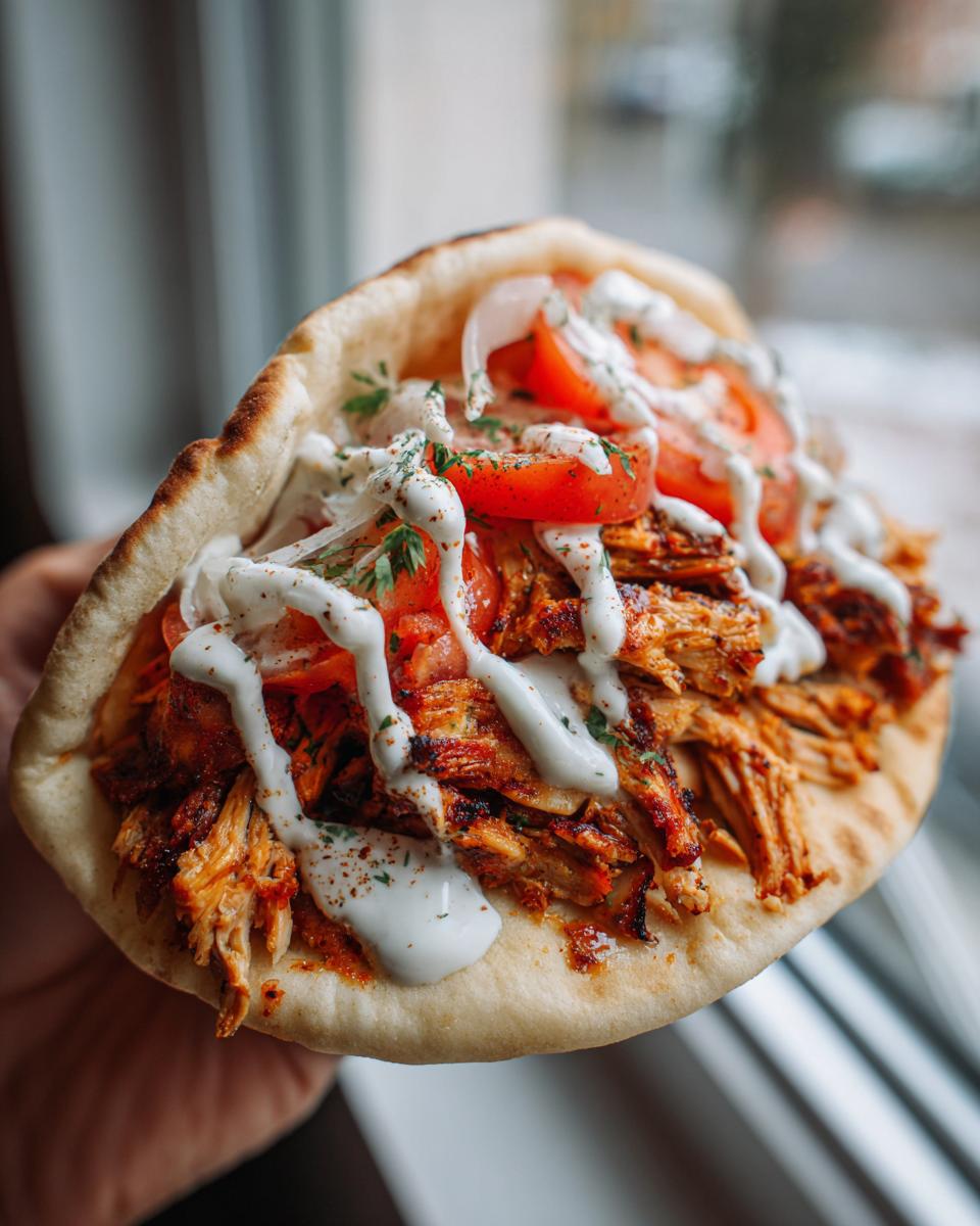 Close-up of a generously filled pita bread pocket showcasing seasoned chicken shawarma, topped with tomatoes, onions, and white sauce.
