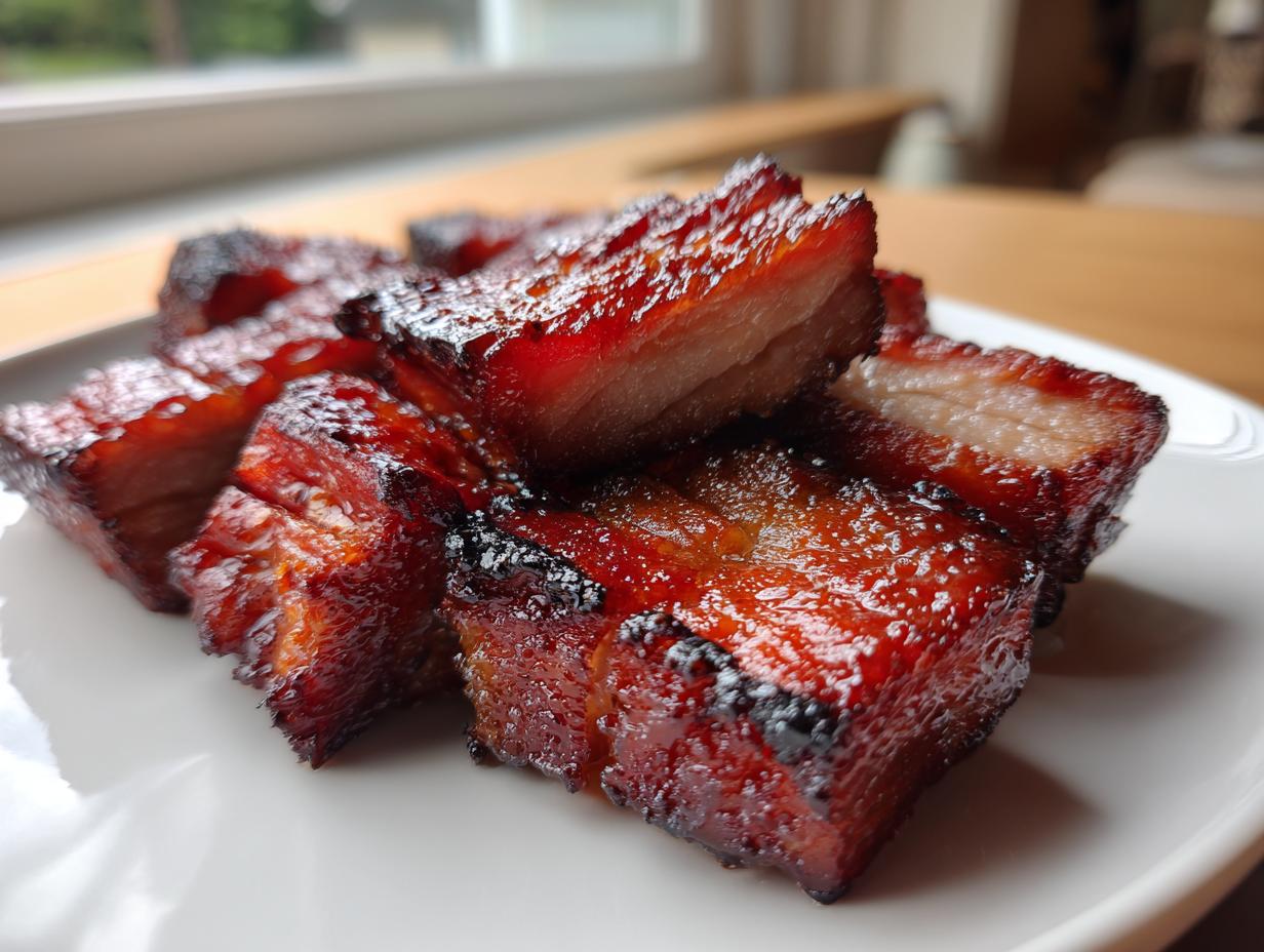 Close-up of several glistening, red-glazed pieces of Chinese BBQ pork stacked on a white plate.