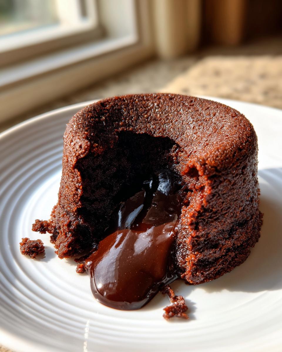 A freshly baked chocolate lava cake with molten chocolate oozing out onto a white plate.
