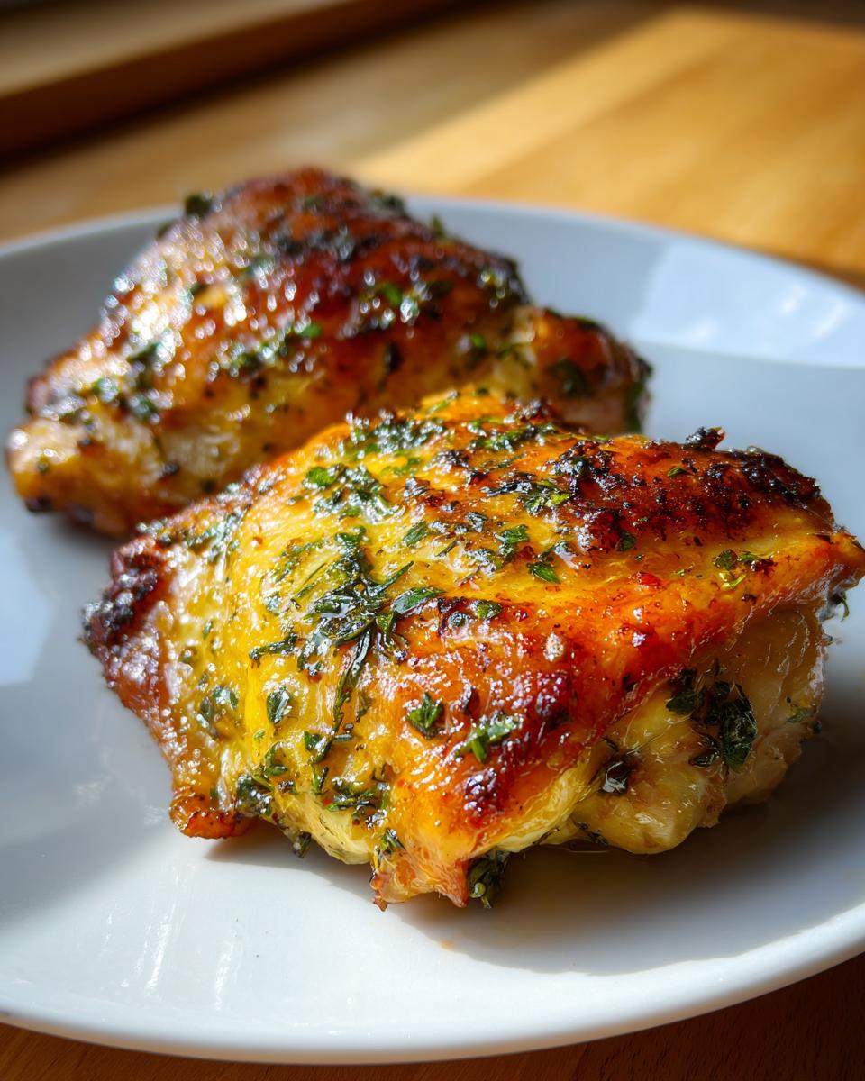 Two golden-brown, juicy marinated chicken thighs topped with fresh green herbs on a white plate.