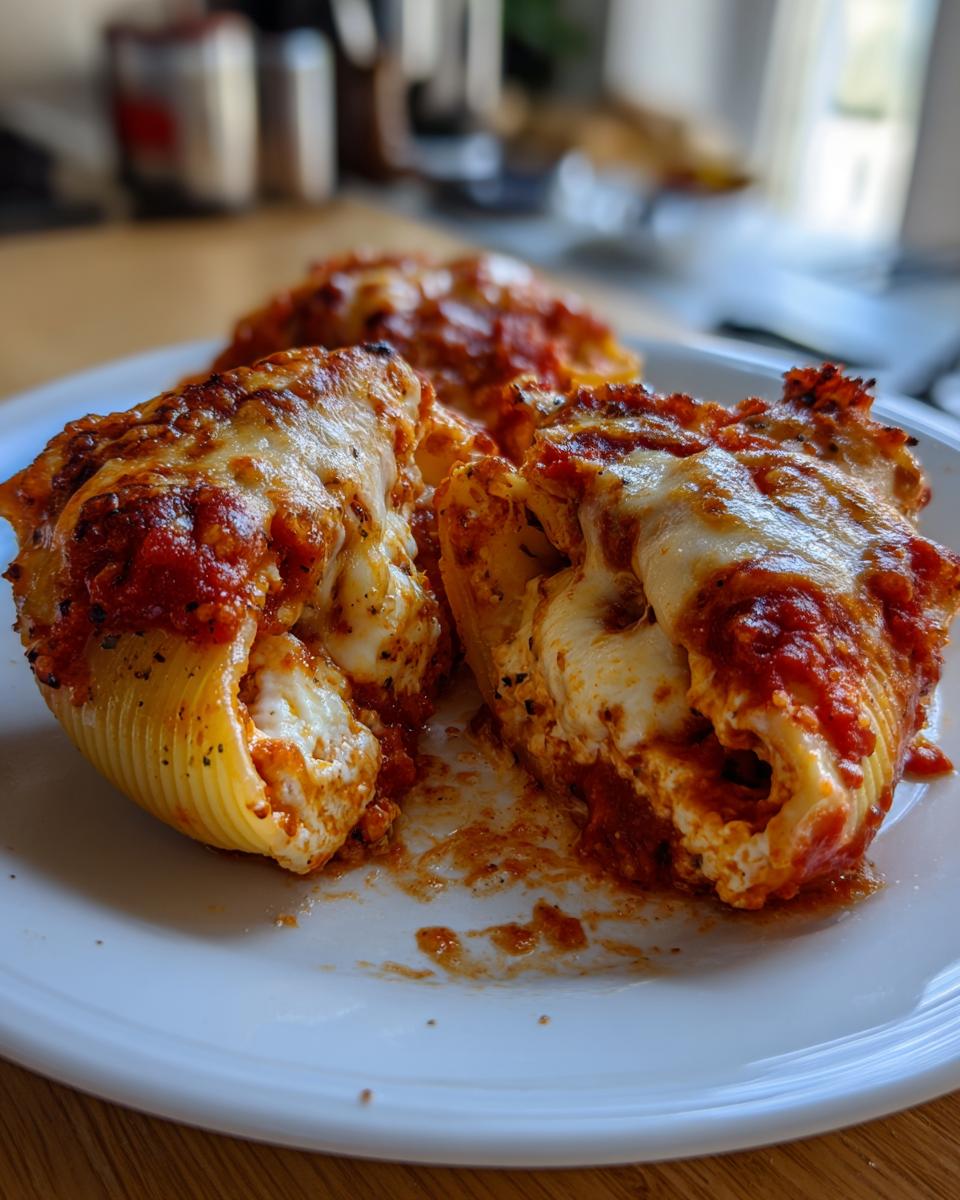 Three baked stuffed pasta shells covered in marinara sauce and melted mozzarella cheese, served on a white plate.