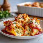 Three baked stuffed pasta shells overflowing with ricotta filling, topped with melted cheese and parsley, served in marinara sauce.