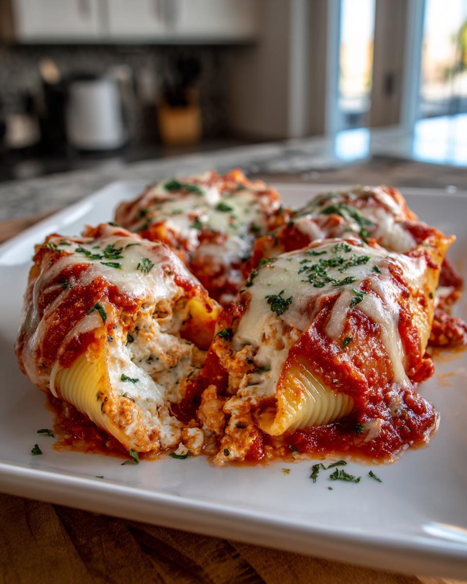 Four baked stuffed pasta shells covered in marinara sauce and melted mozzarella cheese, garnished with parsley.