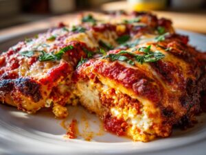 Close-up of baked stuffed pasta shells covered in rich tomato sauce, melted cheese, and fresh basil.