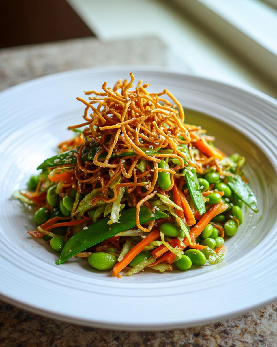 A vibrant bowl of Asian edamame salad featuring bright green edamame, shredded carrots, and topped with crispy chow mein noodles.