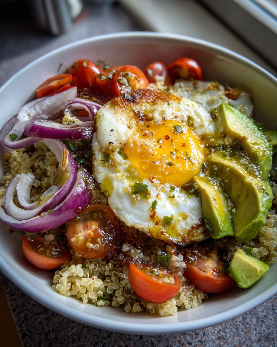 A close-up view of a vibrant avocado egg quinoa bowl topped with a sunny-side-up egg, sliced avocado, red onion, and halved cherry tomatoes.