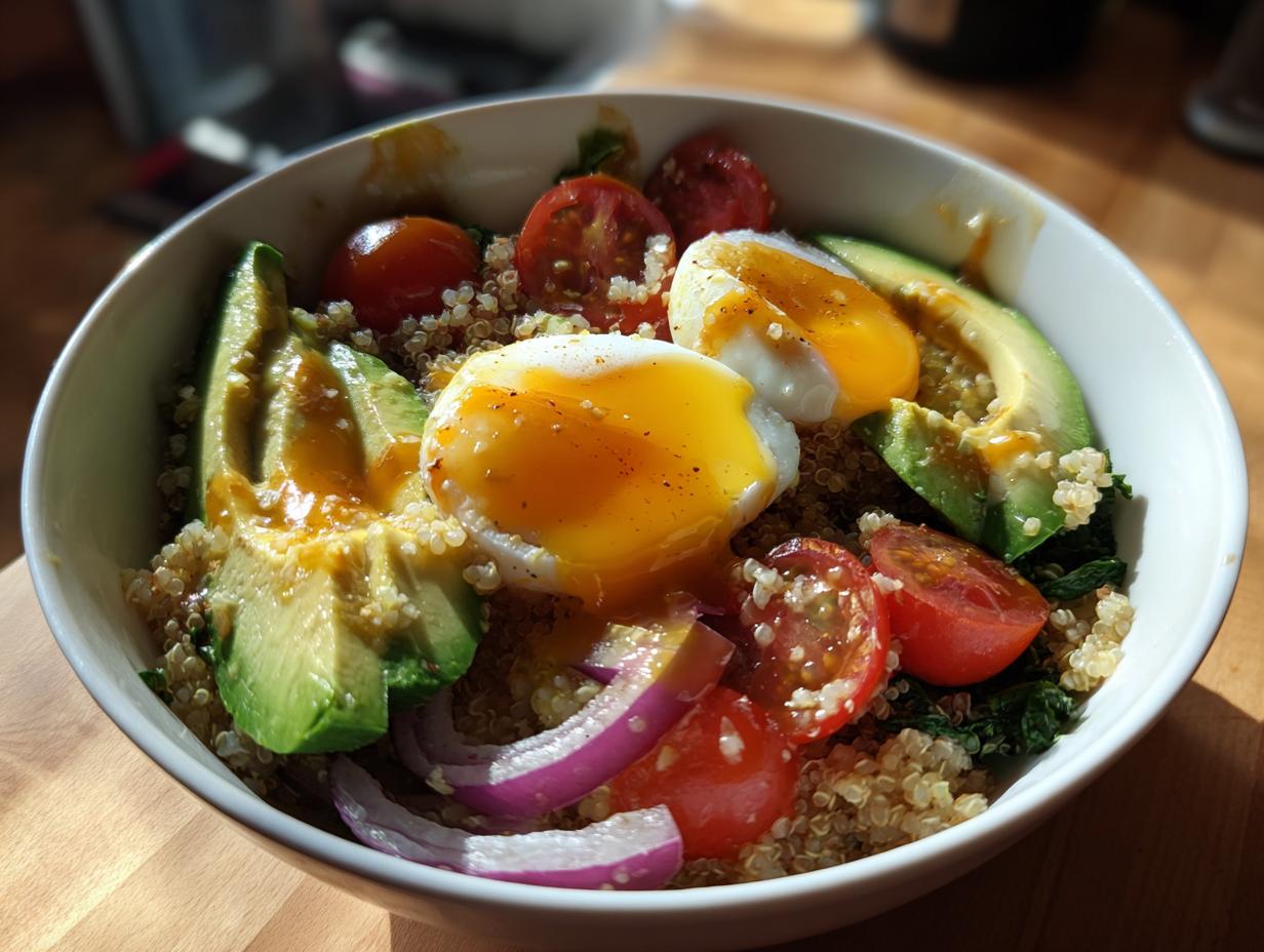 A vibrant avocado egg quinoa bowl featuring sliced avocado, poached eggs with runny yolk, cherry tomatoes, and red onion.