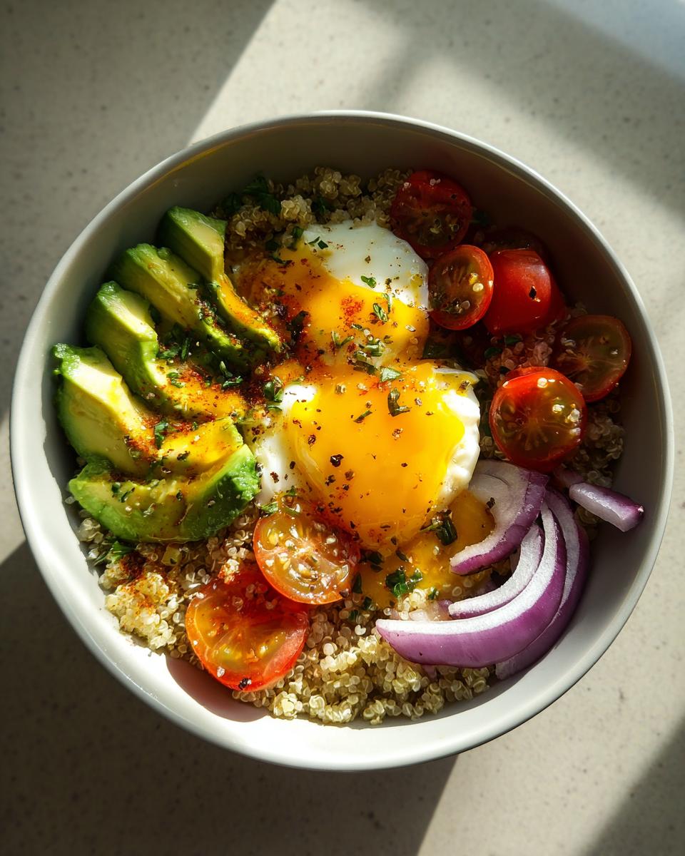 Overhead view of a vibrant avocado egg quinoa bowl featuring sliced avocado, runny poached eggs, cherry tomatoes, and red onion.