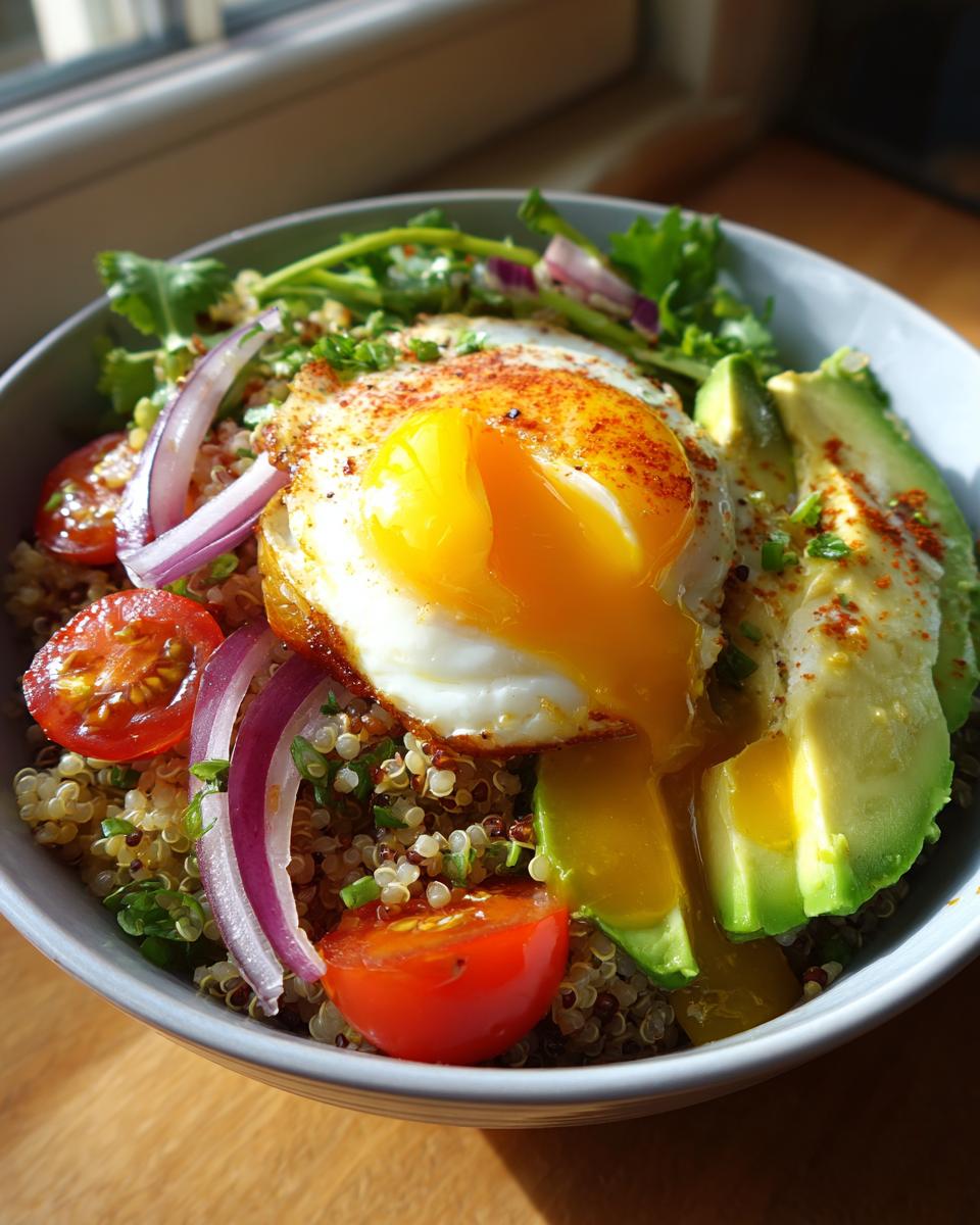 Close-up of a vibrant avocado egg quinoa bowl featuring a sunny-side-up egg with a runny yolk, sliced avocado, tomatoes, and red onion.