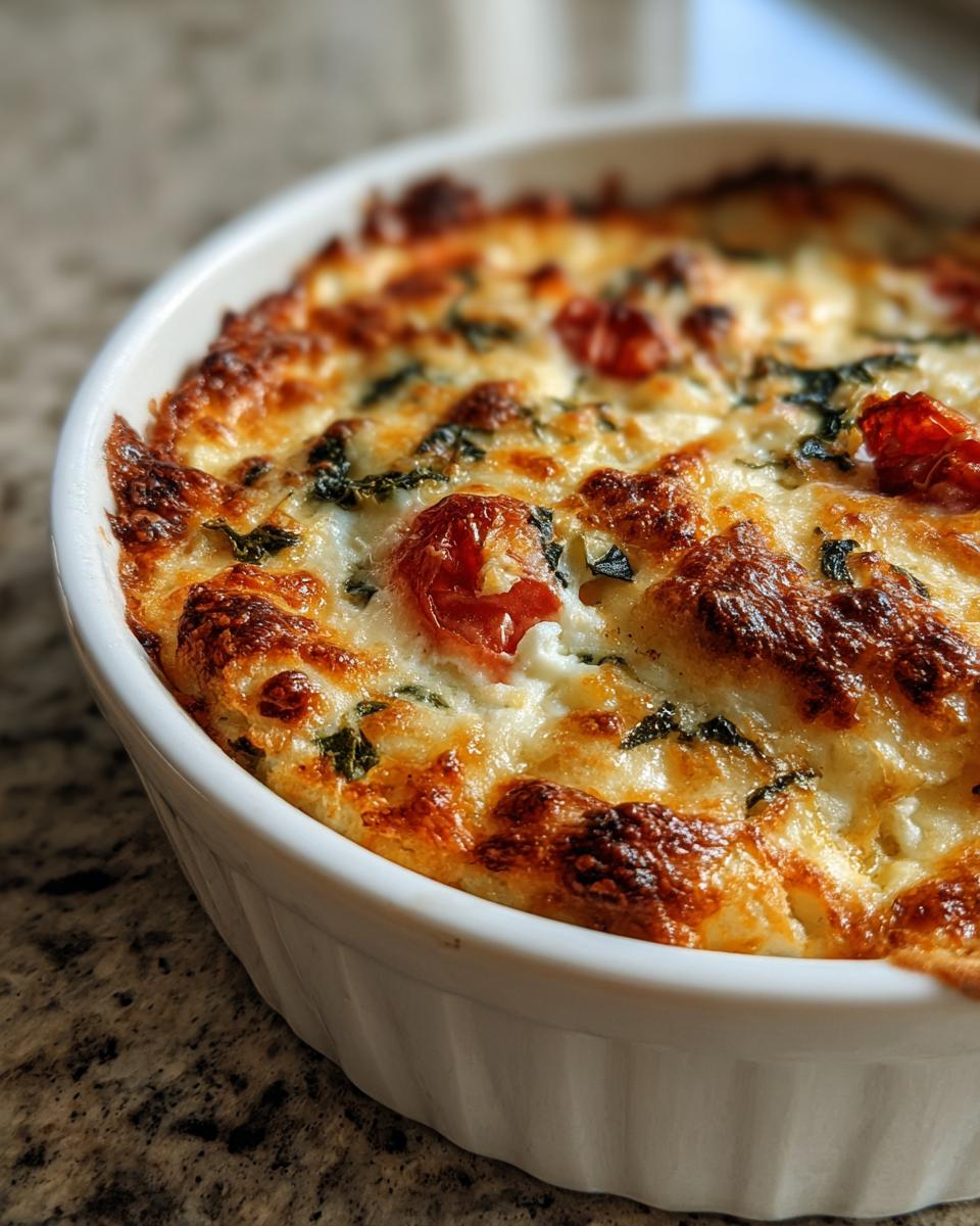 Close-up of a baked cottage cheese pizza bowl with a golden-brown, bubbly cheese top and visible cherry tomatoes.