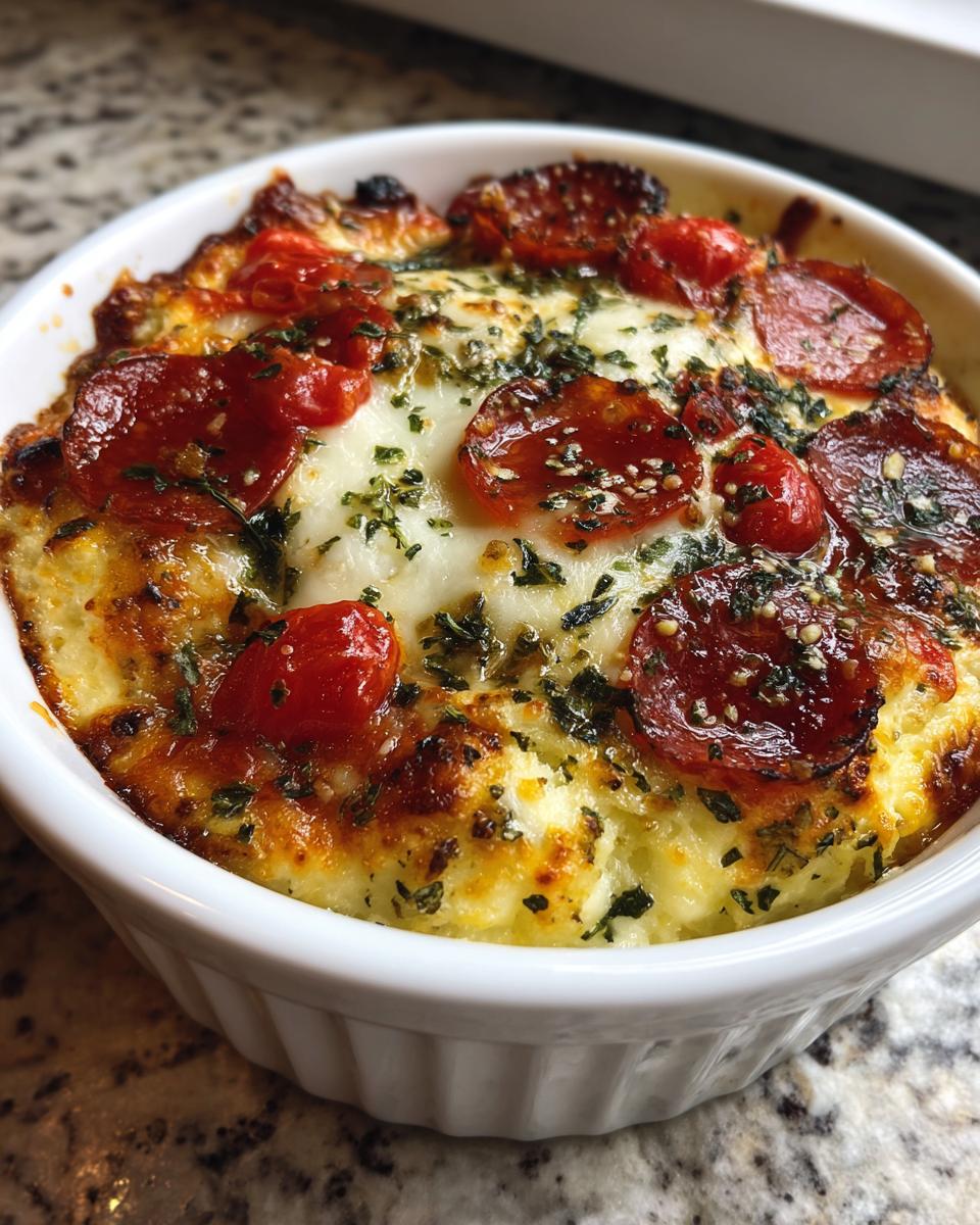 Close-up of a baked cottage cheese pizza bowl topped with melted cheese, pepperoni, and herbs.