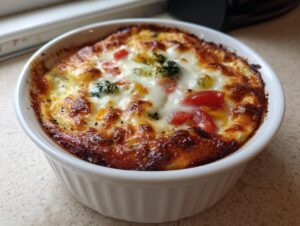 Close-up of a baked cottage cheese pizza bowl with melted cheese, bright red tomatoes, and green broccoli florets.