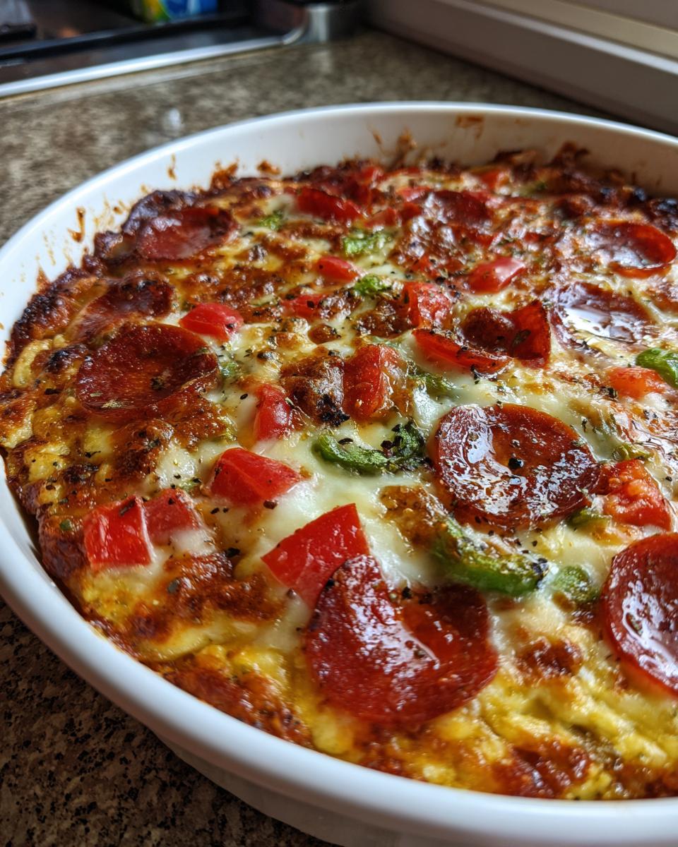 Close-up of a baked cottage cheese pizza bowl topped with melted cheese, pepperoni, red peppers, and green peppers.