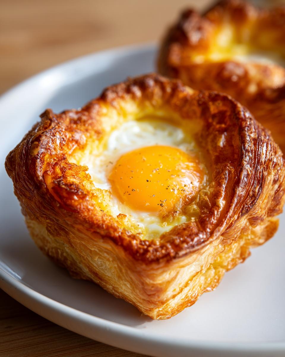 Close-up of a perfectly golden baked eggs puff pastry cup with a bright orange yolk, seasoned with pepper.