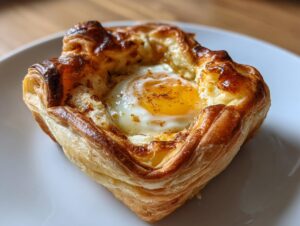 A single, golden-brown baked eggs puff pastry served on a white plate, featuring a runny yolk.