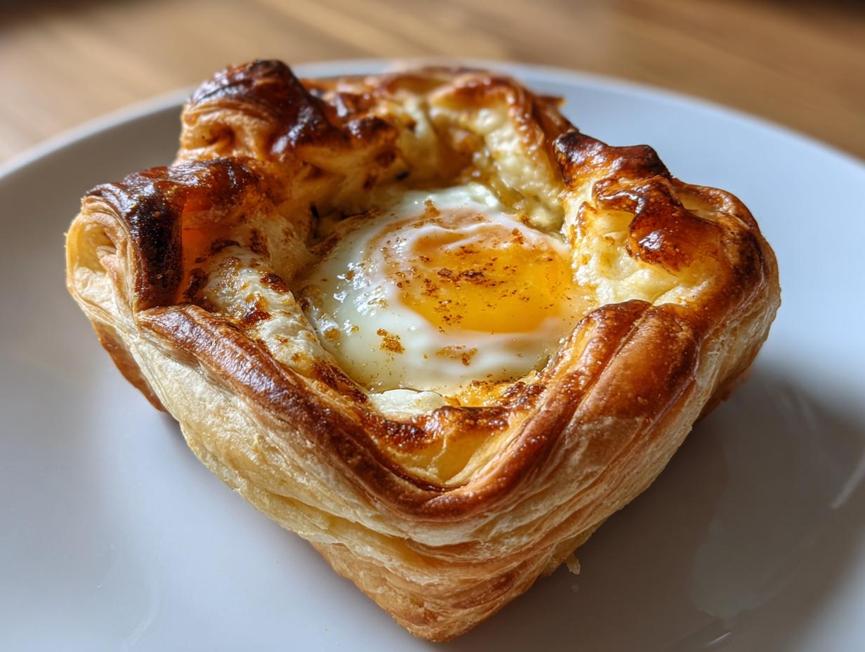 A single, golden-brown baked eggs puff pastry served on a white plate, featuring a runny yolk.