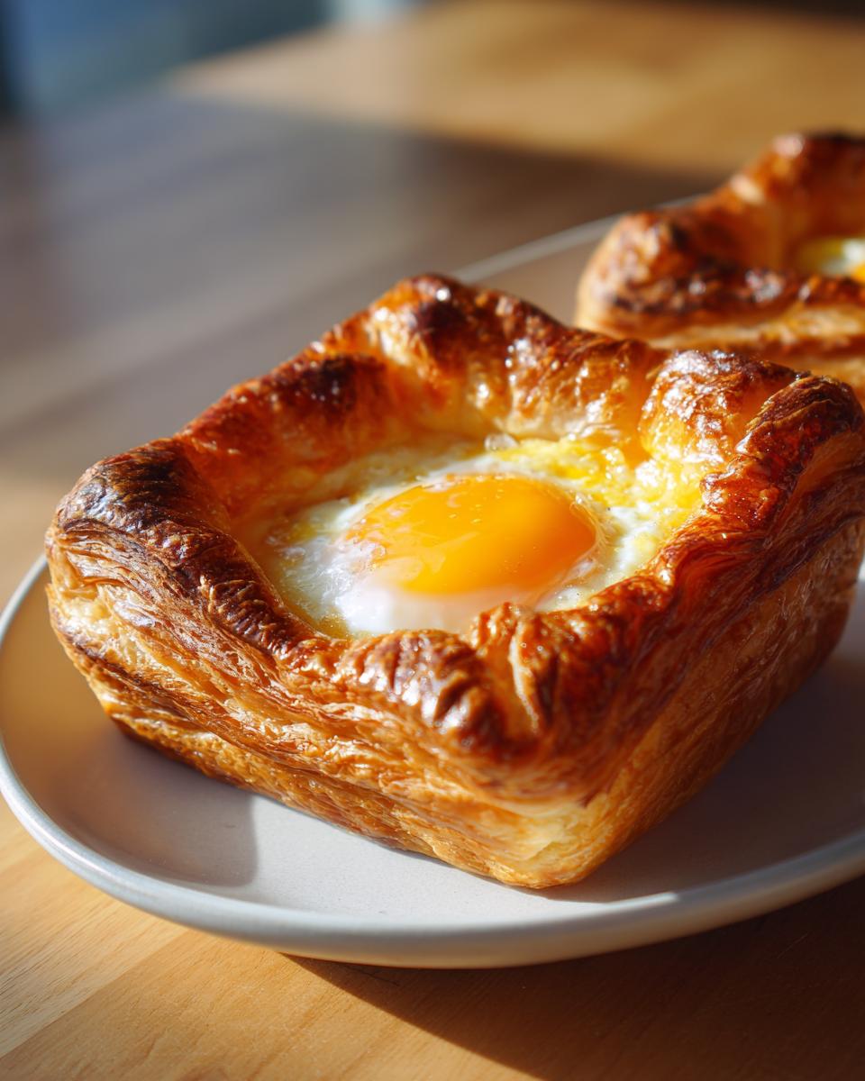 Close-up of a golden brown baked eggs puff pastry with a bright runny yolk, served on a small plate.