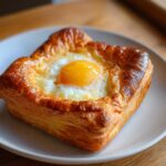 Close-up of a perfectly golden baked eggs puff pastry with a bright runny yolk.