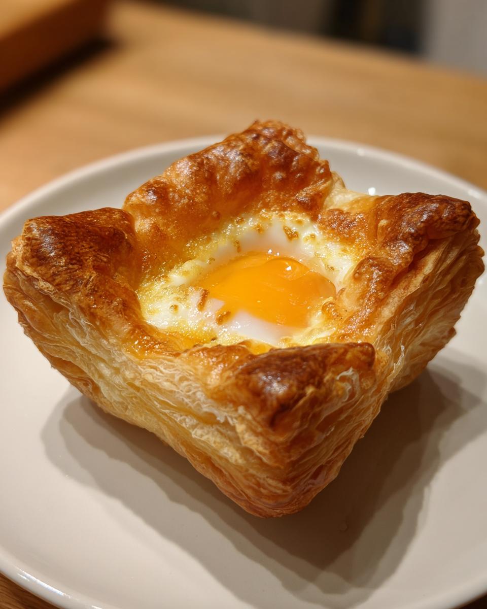 Close-up of a single, golden brown baked eggs puff pastry with a bright orange yolk.