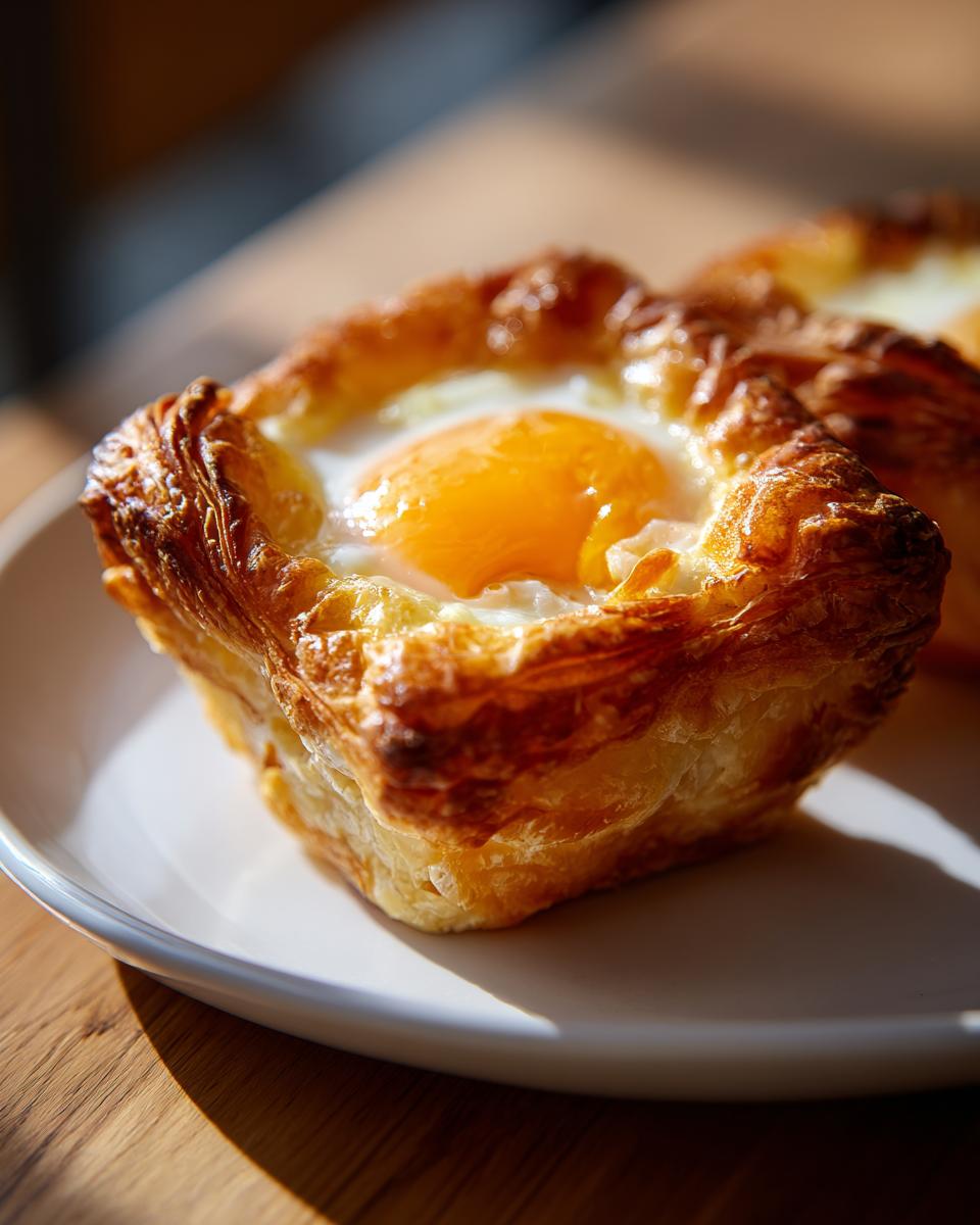 Close-up of a perfectly golden baked eggs puff pastry cup with a bright, runny yolk center.