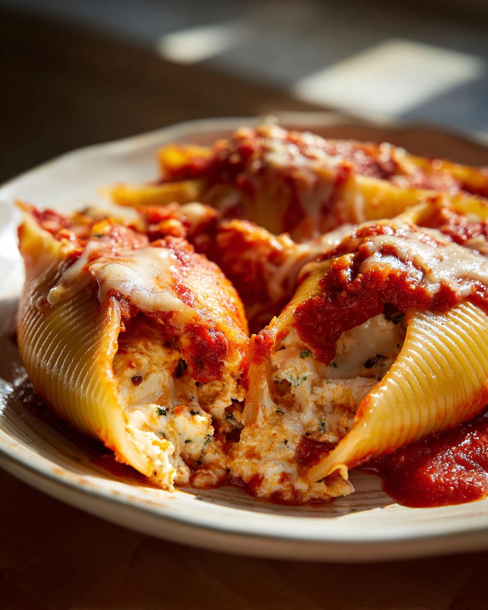 Close-up of baked stuffed pasta shells overflowing with ricotta filling, covered in marinara sauce and melted mozzarella cheese.