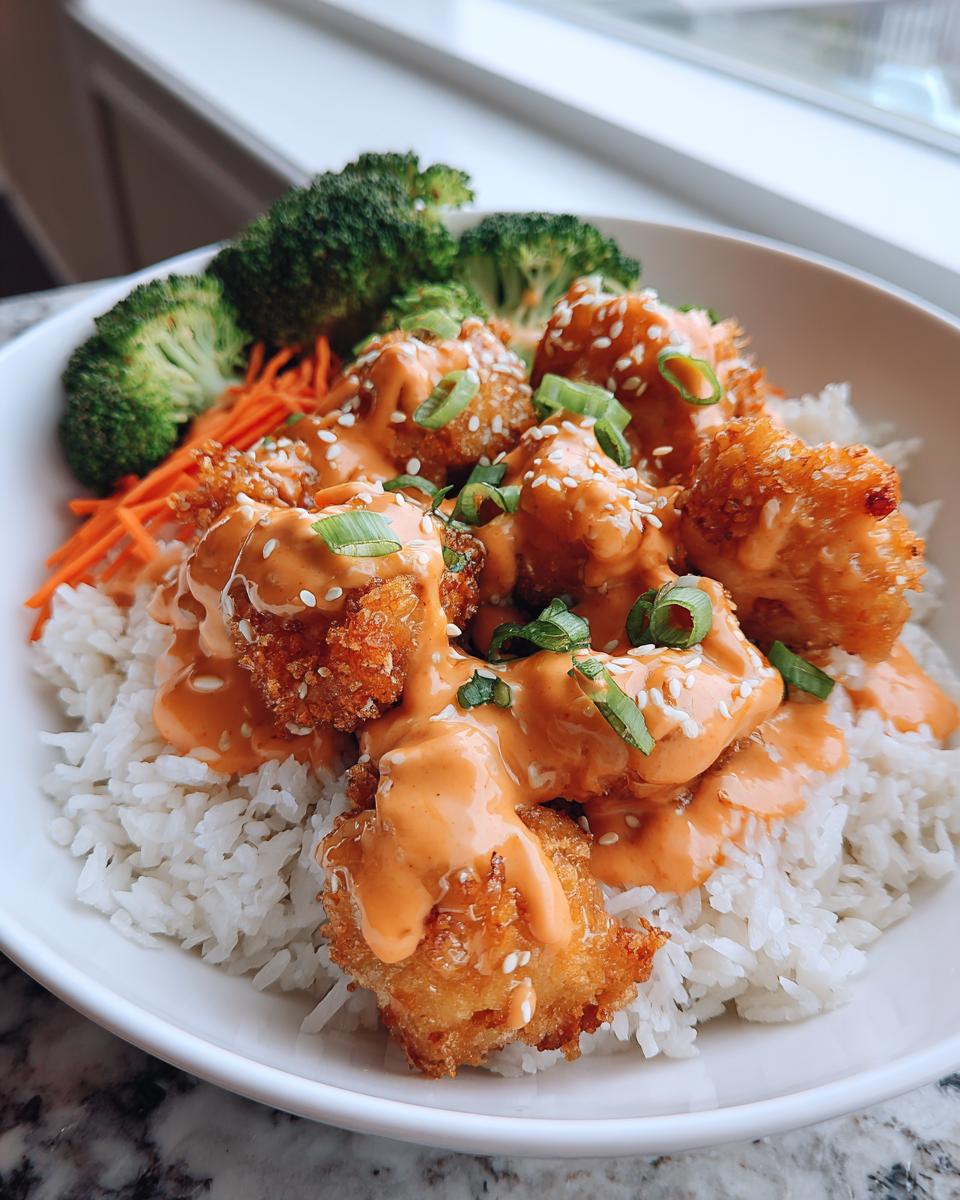 A close-up of a Bang Bang Chicken Bowl featuring crispy chicken pieces drizzled with orange sauce over white rice, served with broccoli and carrots.