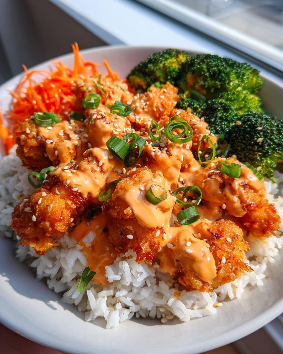 A close-up of a Bang Bang Chicken Bowl featuring crispy chicken pieces drizzled with sauce over white rice, served with broccoli and shredded carrots.