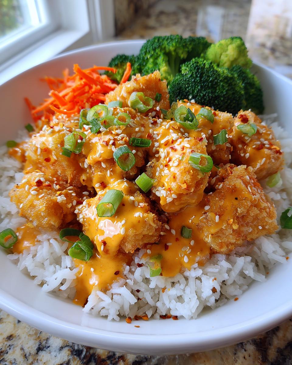 A close-up view of a delicious bang bang chicken bowl featuring crispy chicken coated in orange sauce over white rice, topped with sesame seeds.