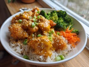 A close-up of a Bang Bang Chicken Bowl featuring crispy chicken coated in orange sauce, served over rice with broccoli and shredded carrots.