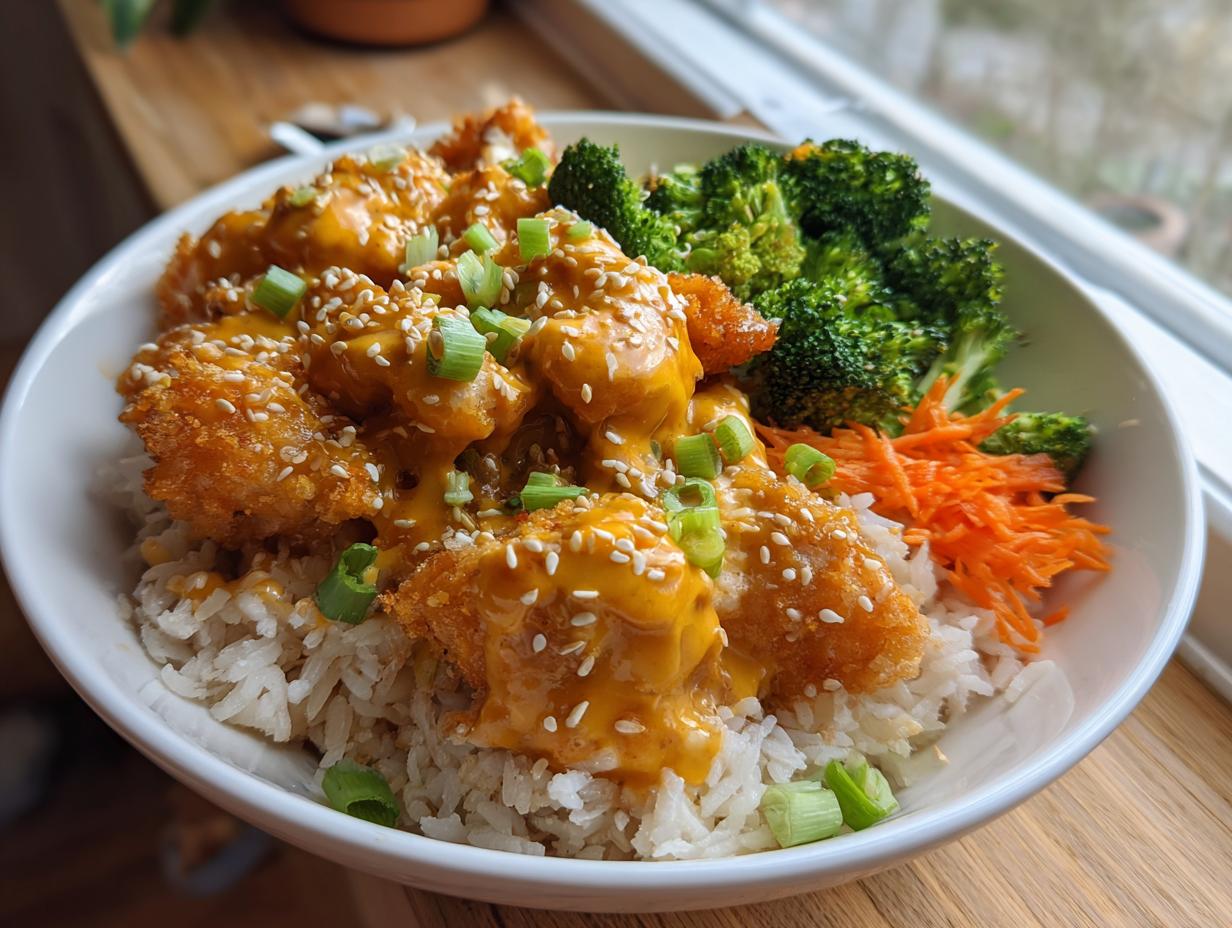 A close-up of a Bang Bang Chicken Bowl featuring crispy chicken coated in orange sauce, served over rice with broccoli and shredded carrots.