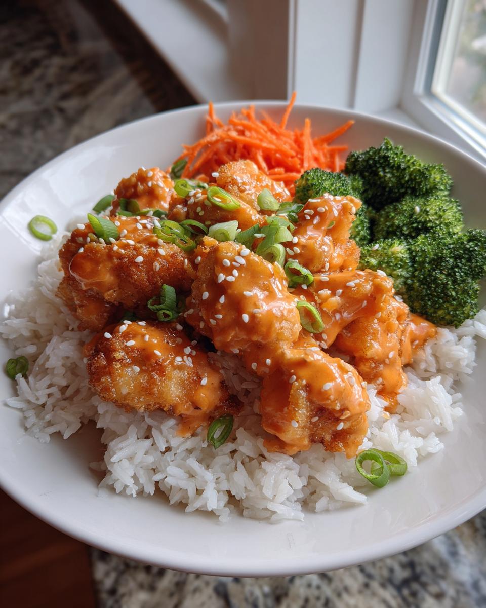 A close-up of a Bang Bang Chicken Bowl featuring crispy chicken coated in orange sauce over white rice, served with broccoli and shredded carrots.