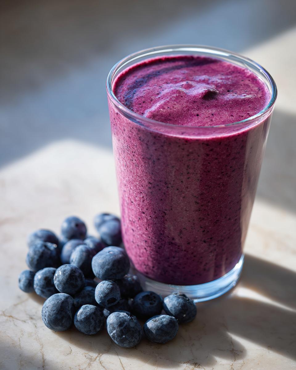 A vibrant glass of blueberry yogurt smoothie next to a pile of fresh blueberries on a marble surface.