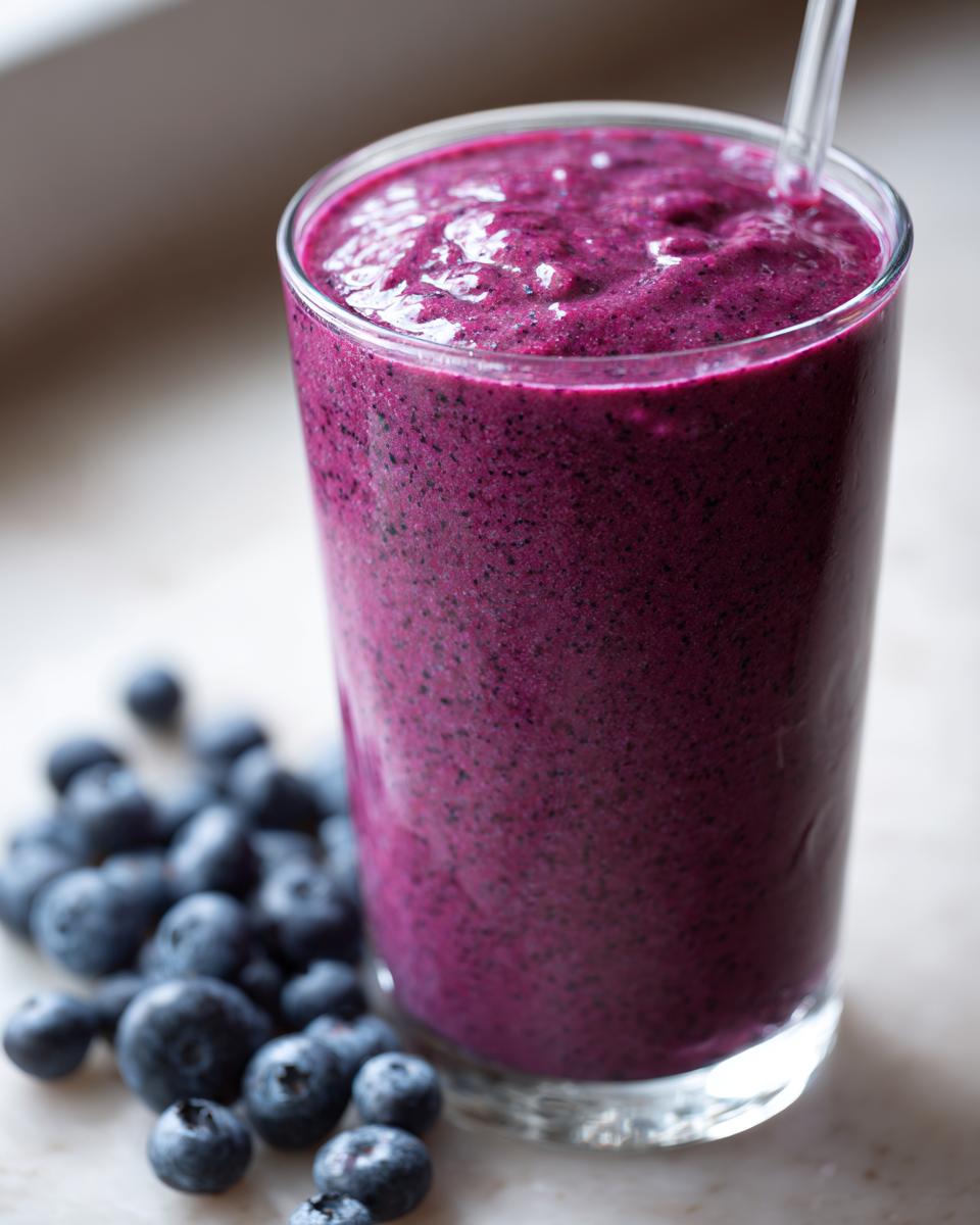A tall glass filled with a thick, vibrant purple blueberry yogurt smoothie, with fresh blueberries scattered beside it.