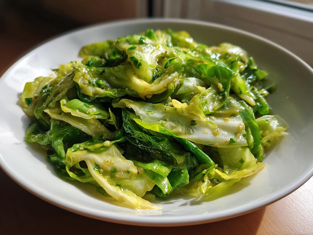A close-up of a vibrant green cabbage saute, glistening with sauce and herbs, served in a white bowl.