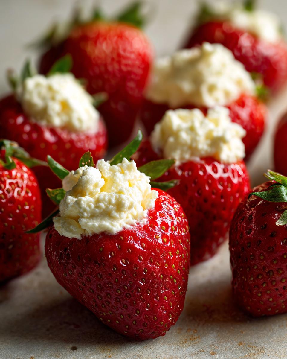 Close-up of vibrant red, fresh strawberries filled with creamy white cheesecake stuffing, highlighting the texture of the cheesecake stuffed strawberries.