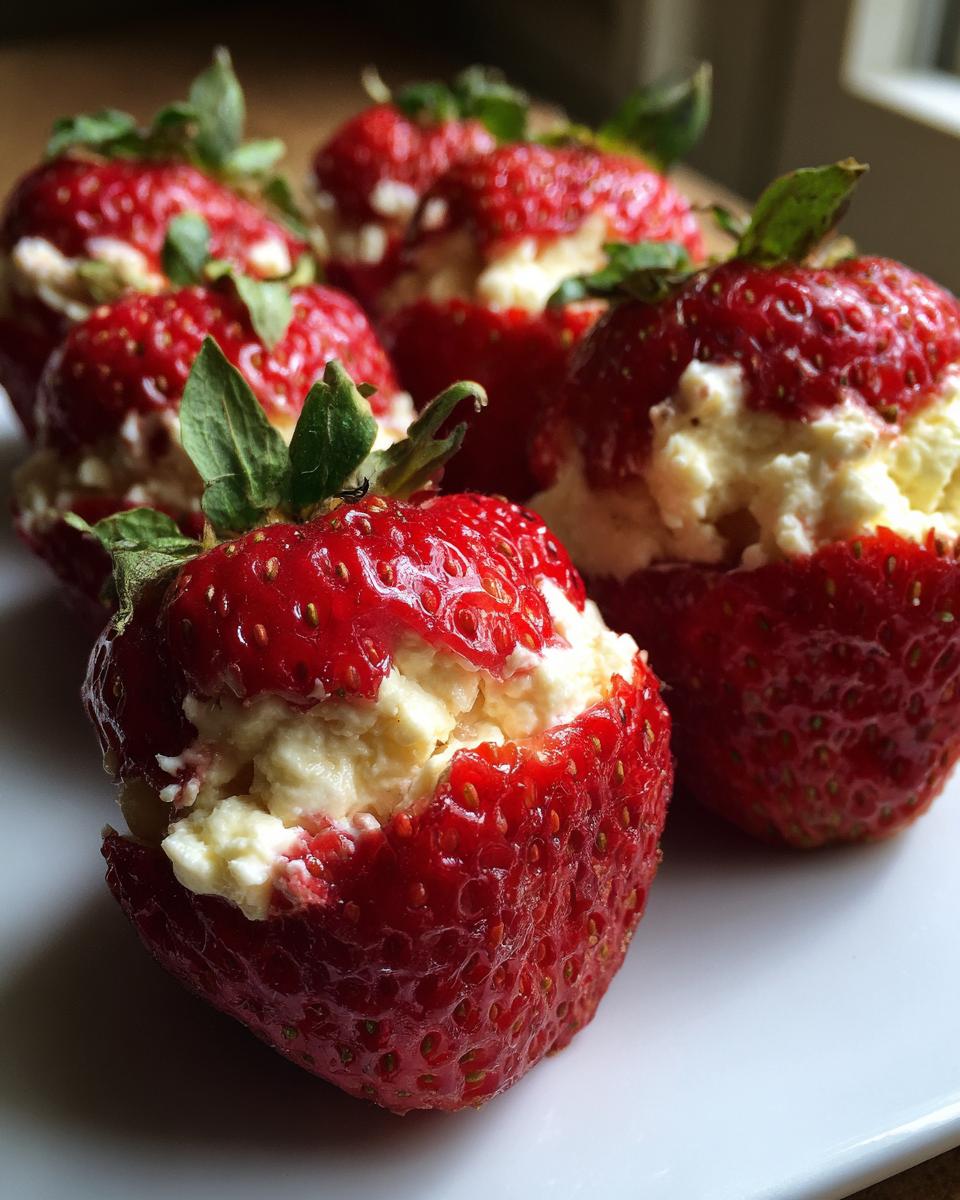 Several bright red strawberries filled with creamy white cheesecake stuffing, showcasing the delicious cheesecake stuffed strawberries.