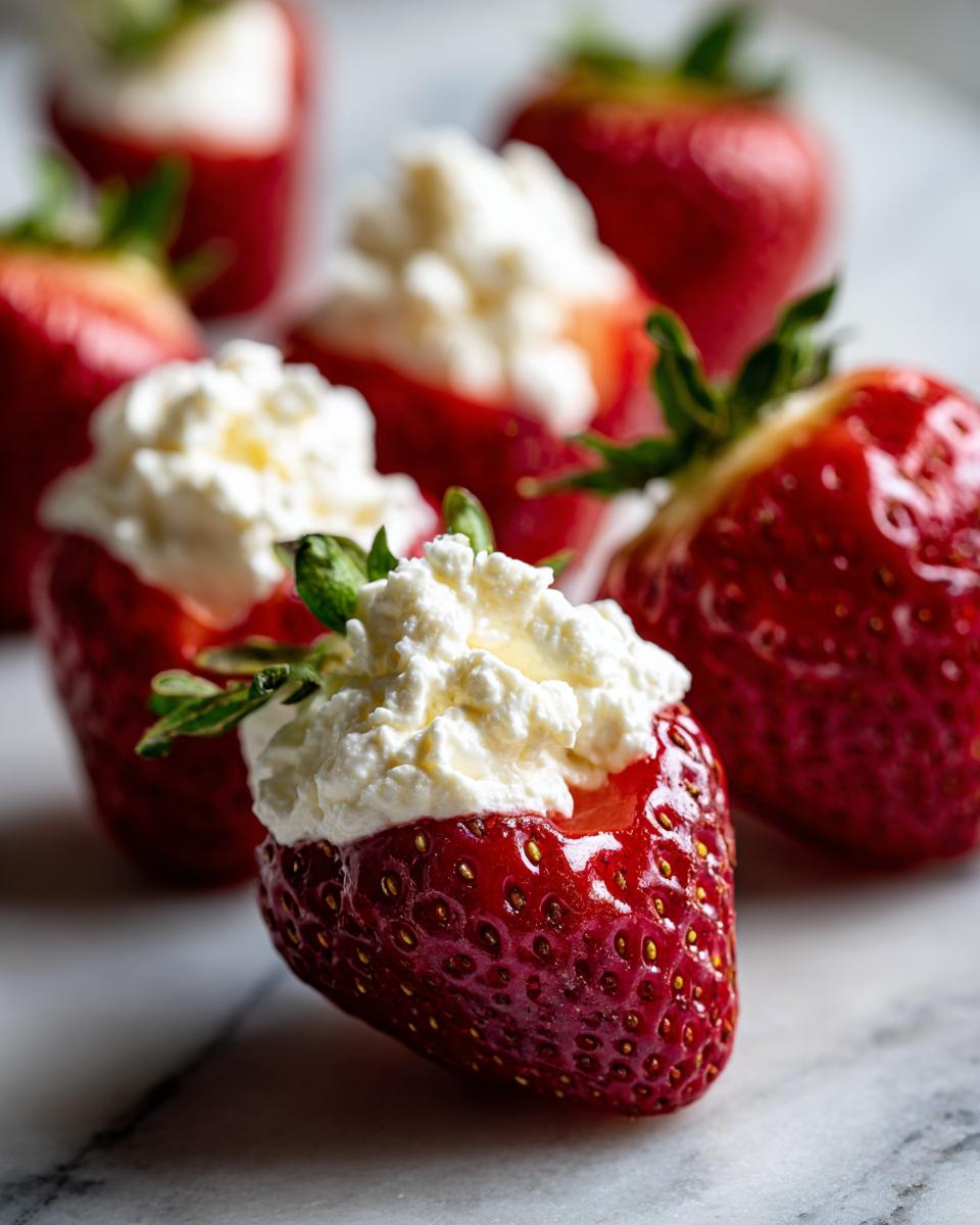 Close-up of fresh, bright red cheesecake stuffed strawberries topped with whipped cream, resting on a white marble surface.