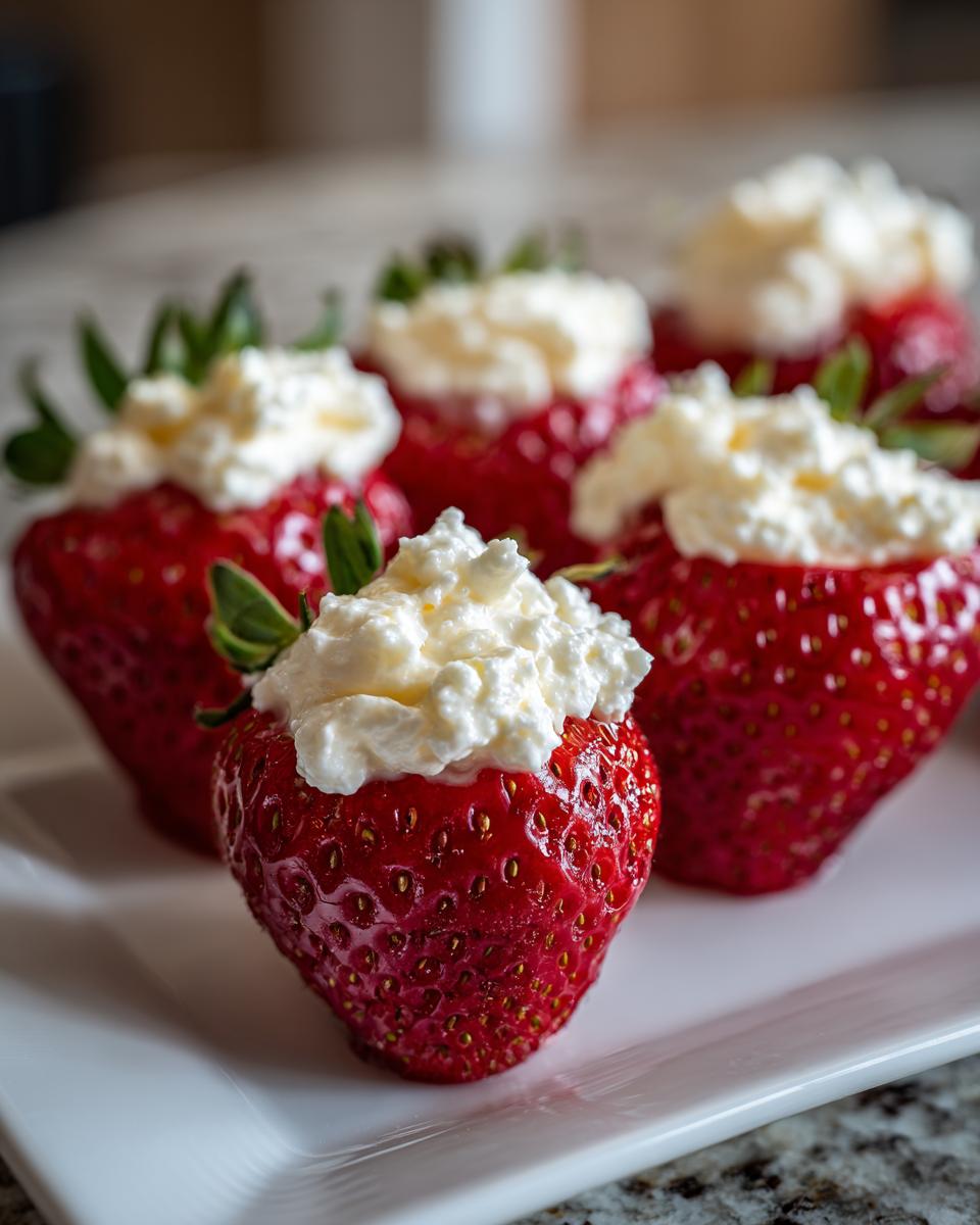 Several bright red, juicy strawberries filled with creamy white cheesecake stuffing and topped with whipped cream, ready to eat.