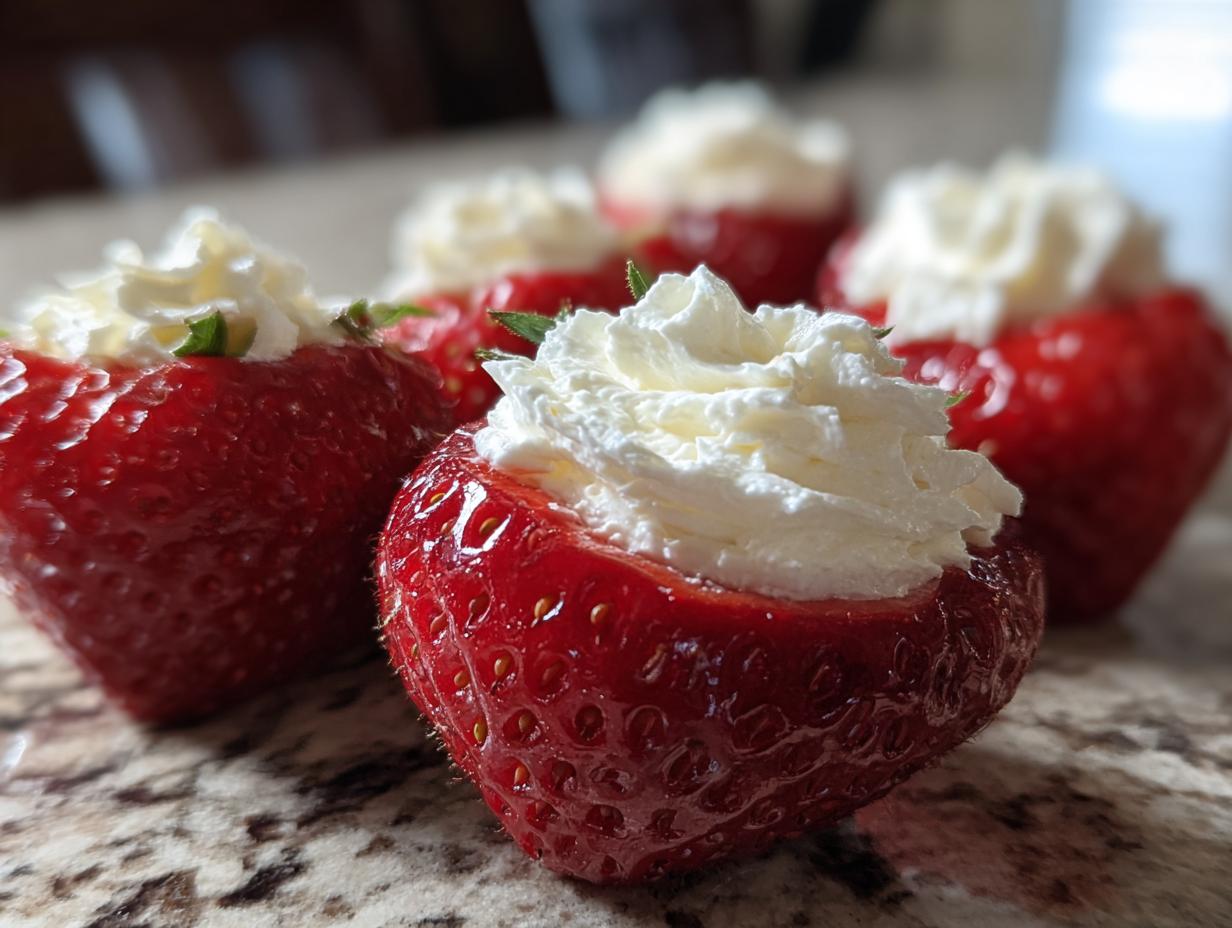 Close-up of vibrant red cheesecake stuffed strawberries topped generously with swirls of white whipped cream.