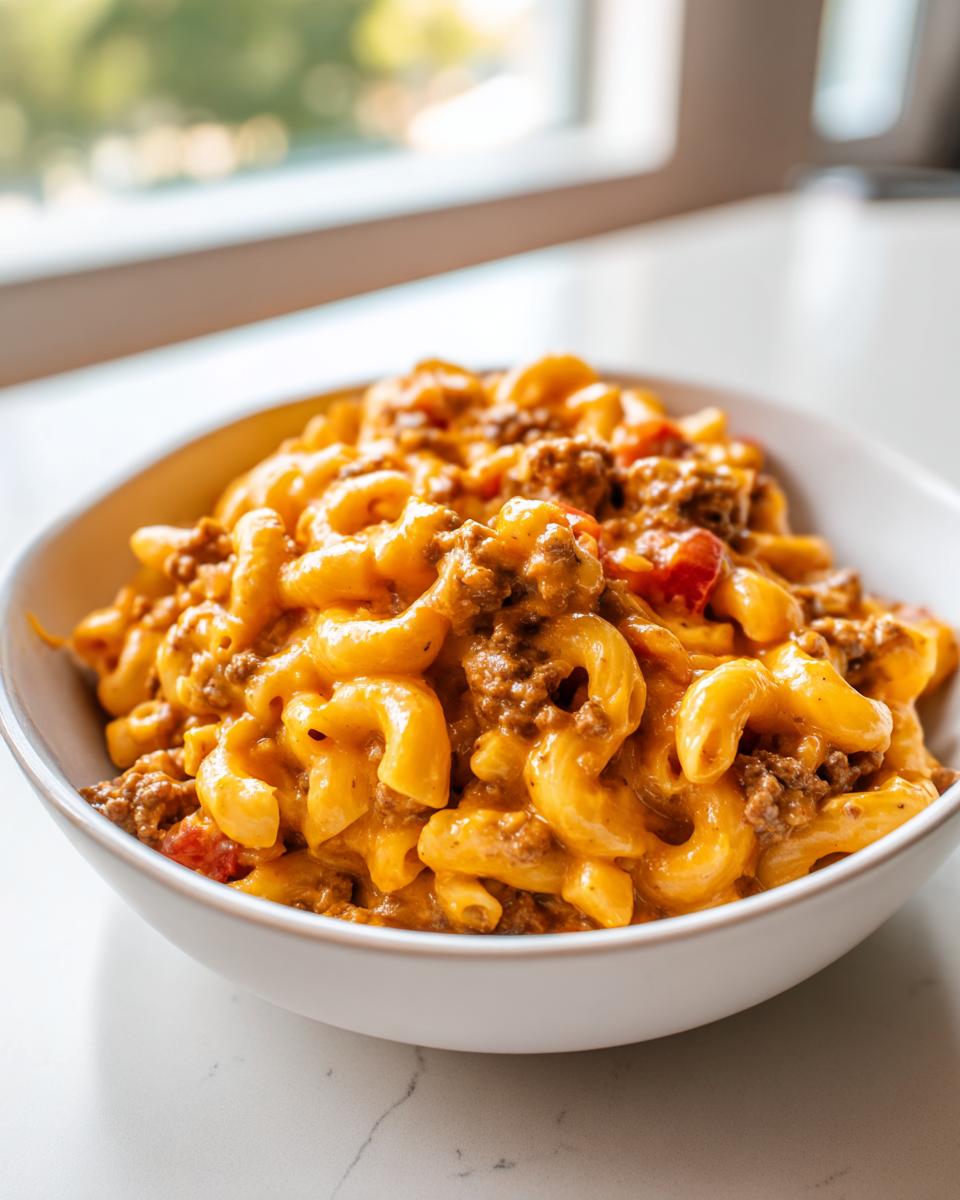 Close-up of a white bowl filled with creamy, cheesy homemade hamburger helper pasta and ground beef.