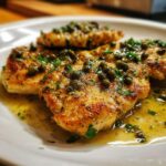 Close-up of golden pan-seared chicken piccata breasts covered in a bright lemon-butter sauce and topped with capers and parsley.