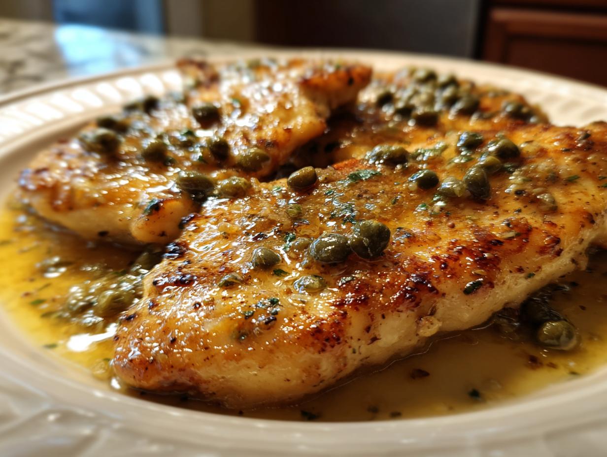 Close-up of pan-seared chicken piccata fillets smothered in a bright lemon butter sauce and topped with capers.