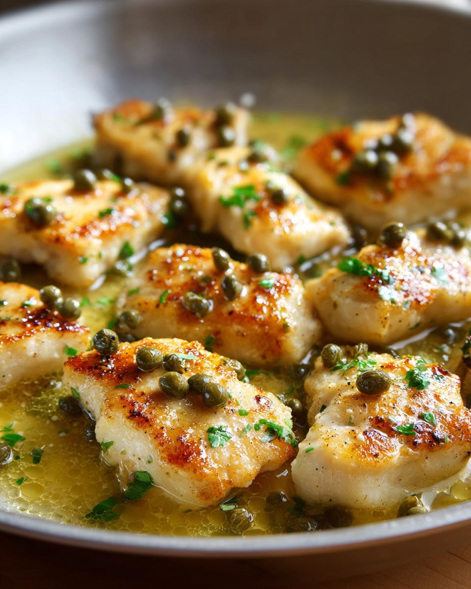 Close-up of golden-brown chicken piccata pieces simmering in a bright lemon butter sauce topped with capers and parsley.