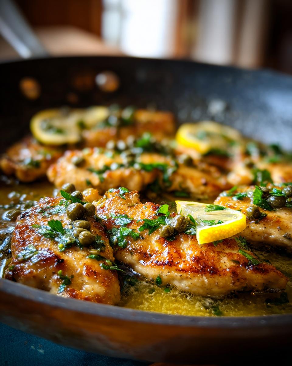 Close-up of golden-brown chicken piccata pieces sizzling in a buttery lemon sauce, topped with capers and parsley.