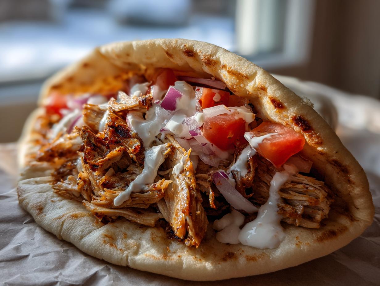 Close-up of a freshly made chicken shawarma pita sandwich filled with shredded spiced chicken, tomatoes, onions, and white sauce.