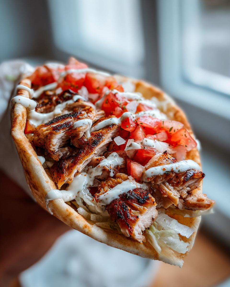 Close-up of a freshly made chicken shawarma wrap filled with grilled chicken, lettuce, tomatoes, and white sauce.