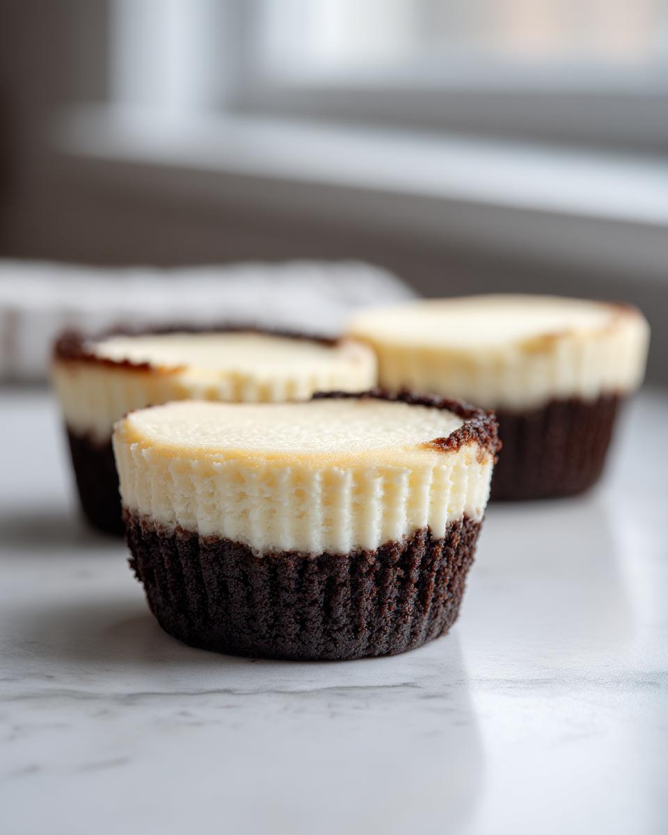A close-up of one chocolate-crusted mini cheesecakes with a creamy white top, sitting on a marble surface.