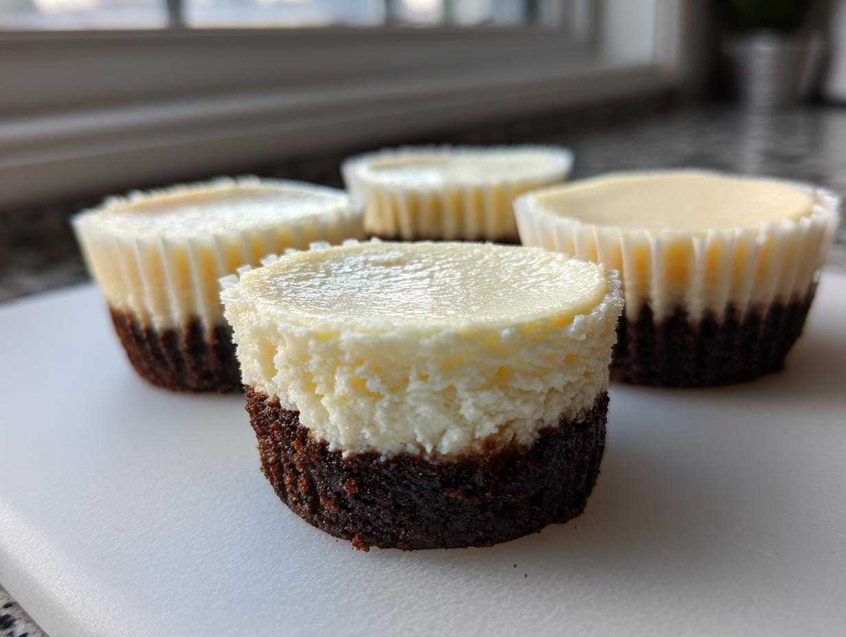 Four mini cheesecakes with a dark chocolate crust and creamy white filling, displayed up close.