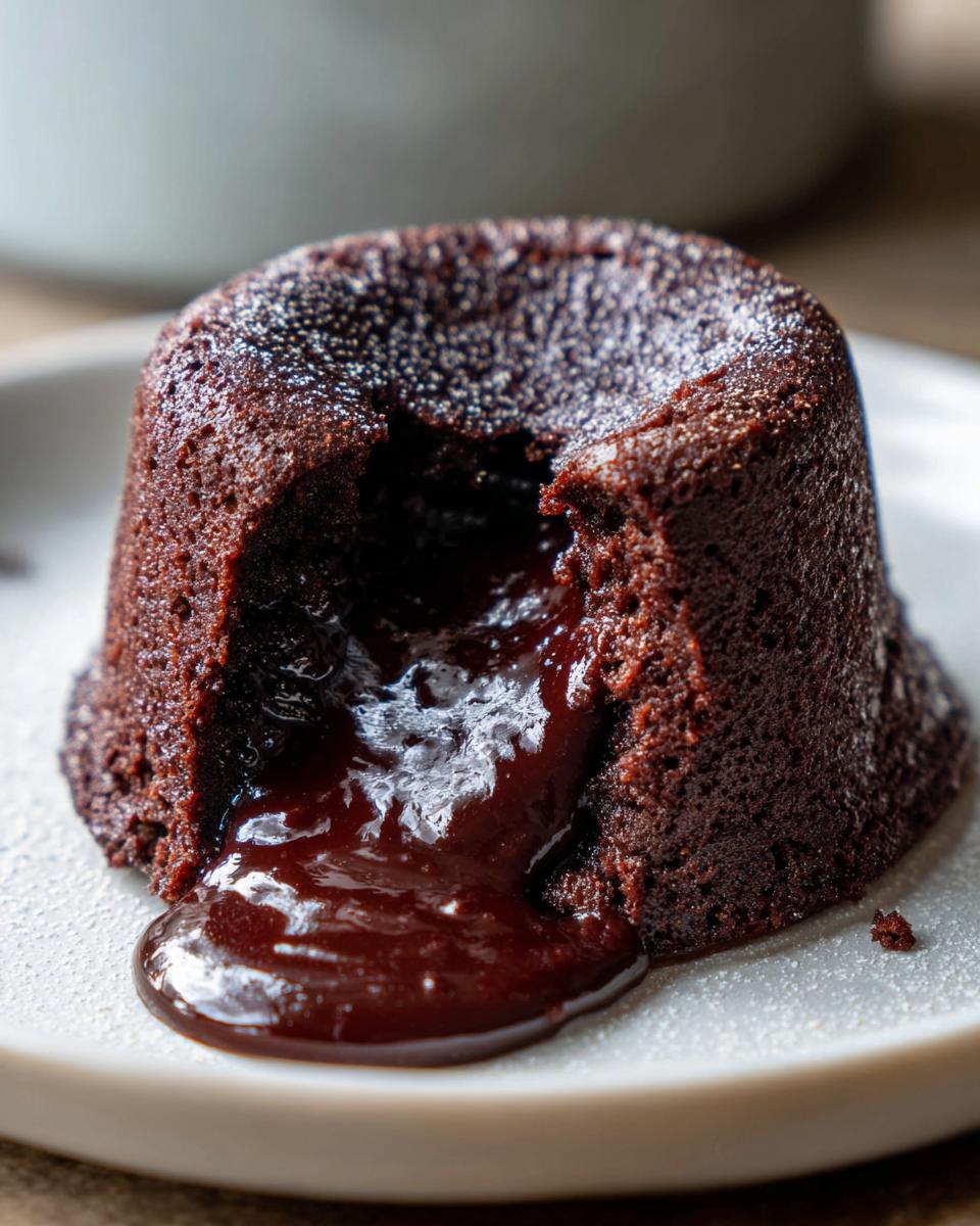 A single, rich chocolate lava cake dusted with powdered sugar, cut open to show the molten chocolate center flowing out.