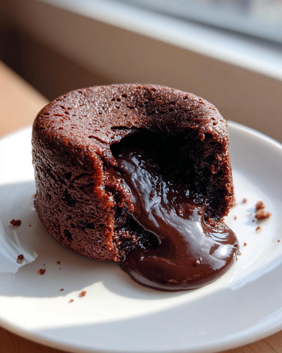Close-up of a rich chocolate lava cake with the molten center oozing out onto a white plate.